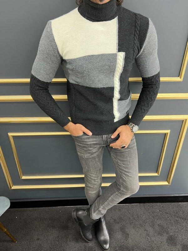 Black Gray Slim Fit Turtleneck Wool Sweater