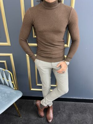 Brown Slim Fit Mock Turtleneck Sweater