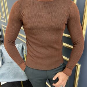 Brown Slim Fit Striped Turtleneck Sweater