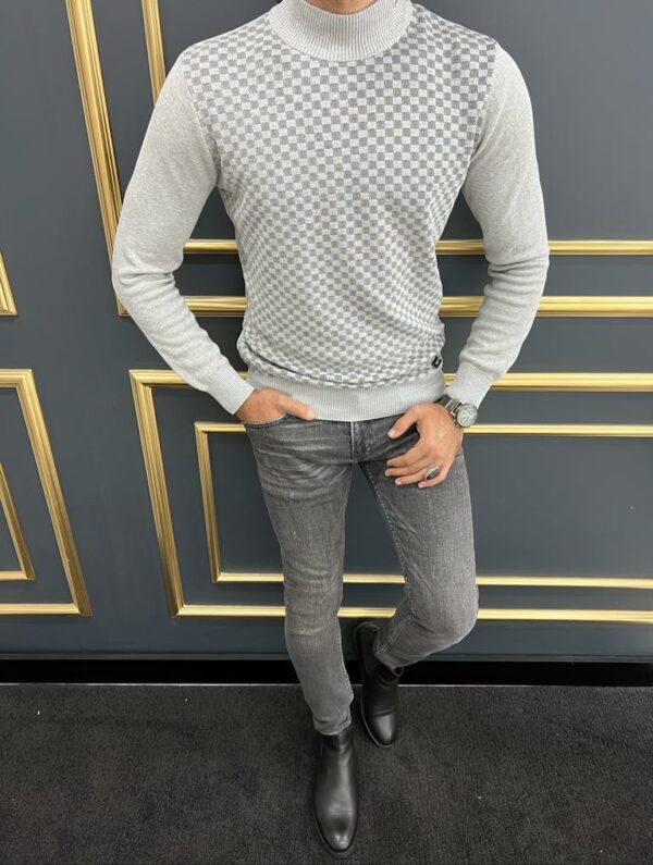 Gray Slim Fit Patterned Monk Turtleneck Sweater