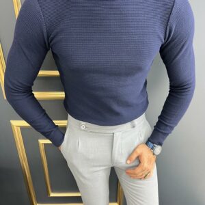 Navy Blue Slim Fit Mock Turtleneck Sweater