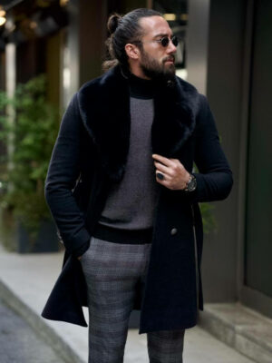 Aysoti Bamford Black Slim Fit Double Breasted Wool Coat