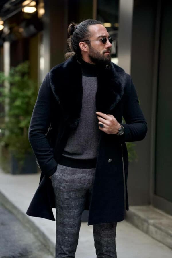 Aysoti Bamford Black Slim Fit Double Breasted Wool Coat