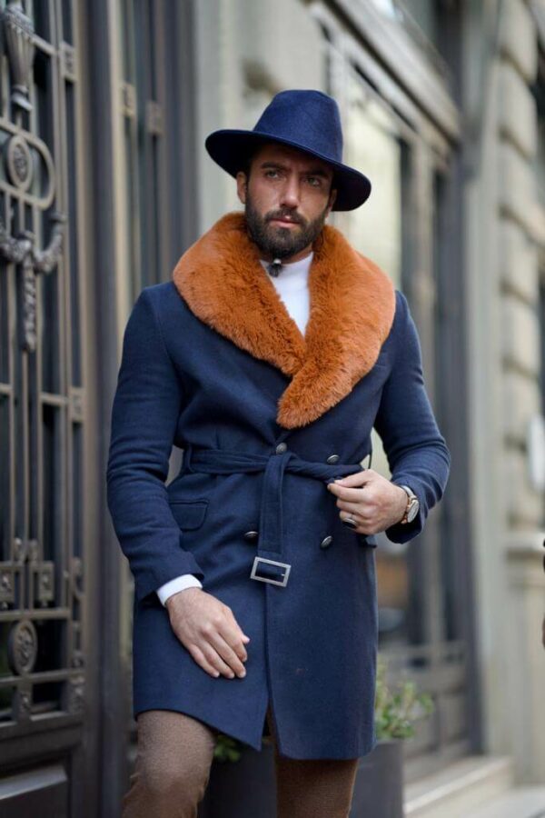 Blue Slim Fit Double Breasted Wool Coat
