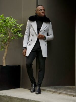 Gray Slim Fit Double Breasted Wool Coat