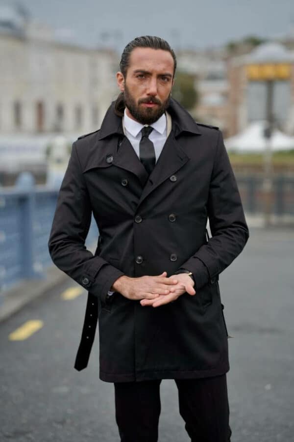 Black Slim Fit Feather Detailed Coat