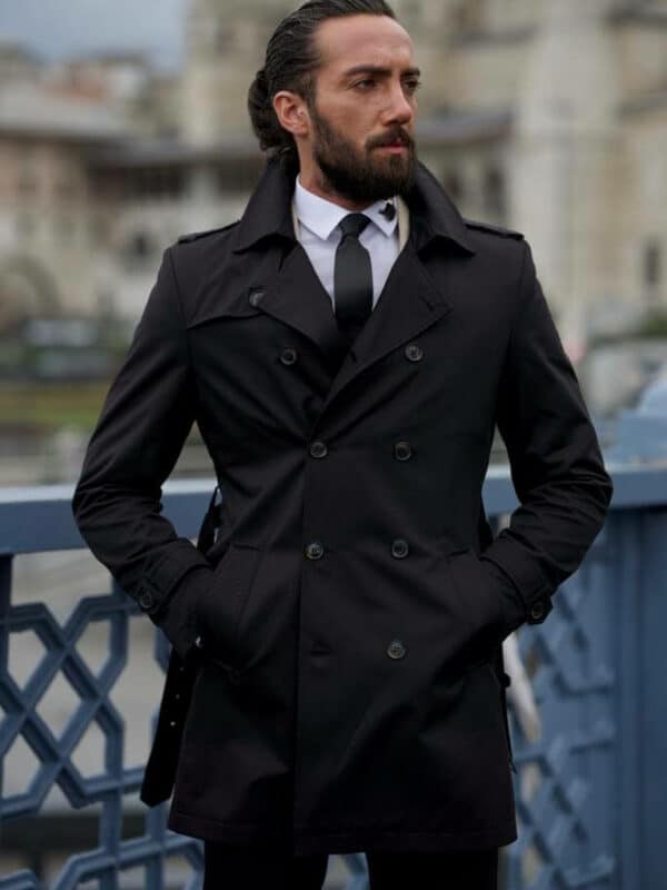 Black Slim Fit Feather Detailed Coat