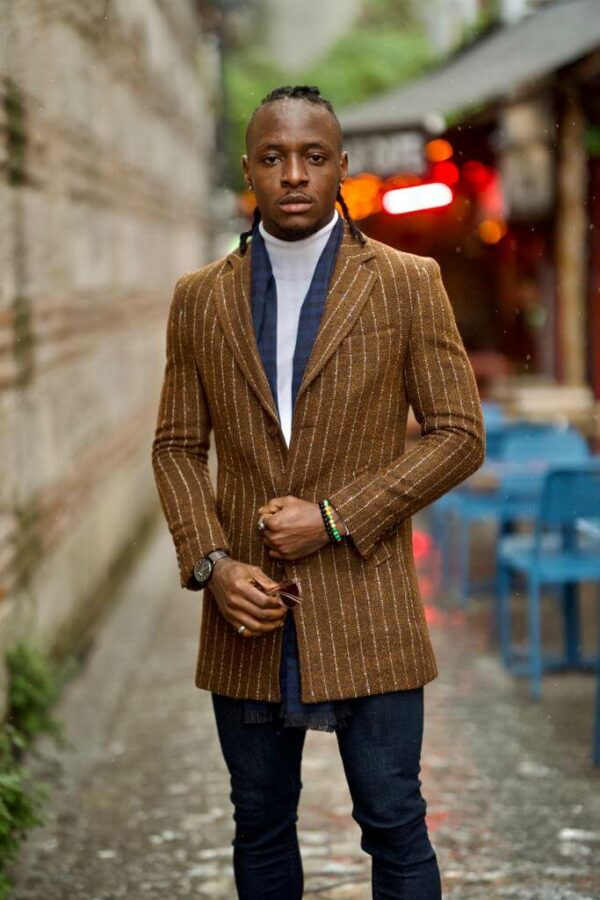 Brown Slim Fit Striped Wool Coat