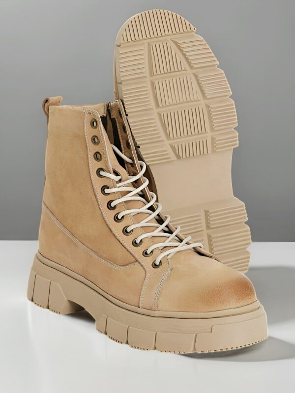 Beige Lace Up Leather Boots