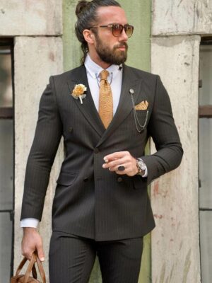 Aysoti Charlton Black Slim Fit Double Breasted Pinstripe Suit