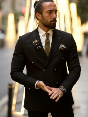 Aysoti Charlton Black Slim Fit Double Breasted Wool Suit