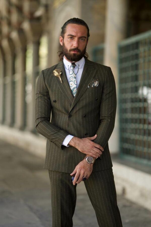 Aysoti Charlton Khaki Slim Fit Double Breasted Pinstripe Suit