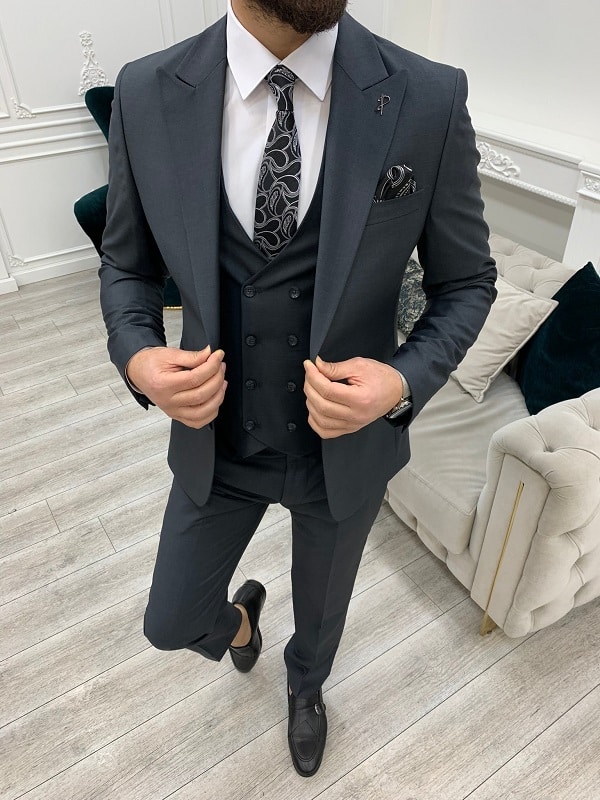 Aysoti Crayford Dark Gray Slim Fit Peak Lapel Suit