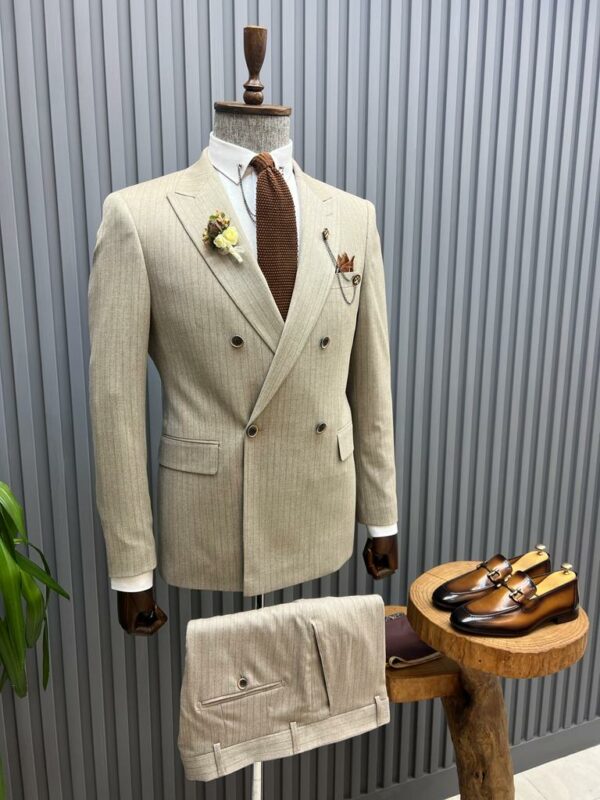 Aysoti Huxley Beige Slim Fit Double Breasted Pinstripe Suit