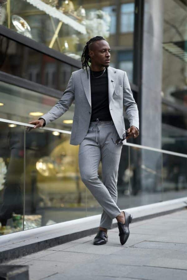 Aysoti Huxley Gray Slim Fit Pinstripe Cotton Suit