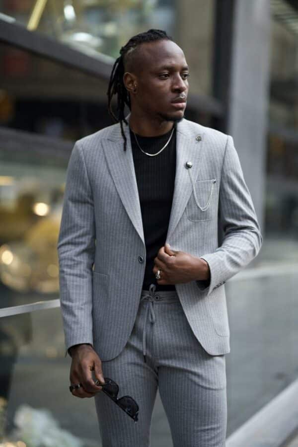 Aysoti Huxley Gray Slim Fit Pinstripe Cotton Suit