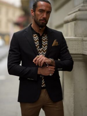 Black Notch Lapel Linen Blazer Jacket For Men