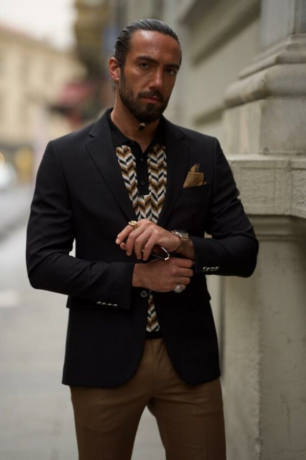 Black Notch Lapel Linen Blazer Jacket For Men