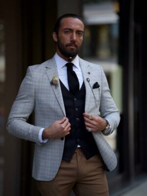 Gray Notch Lapel Plaid Blazer Jacket For Men