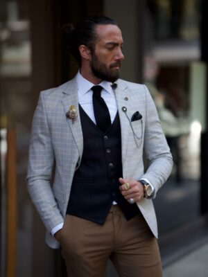 Gray Notch Lapel Plaid Blazer Jacket For Men