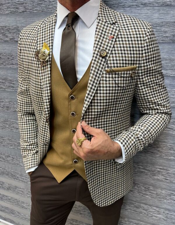 Aysoti Melrose Brown Slim Fit Notch Lapel Plaid Suit