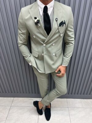 Aysoti Melrose Mint Slim Fit Double Breasted Cotton Suit