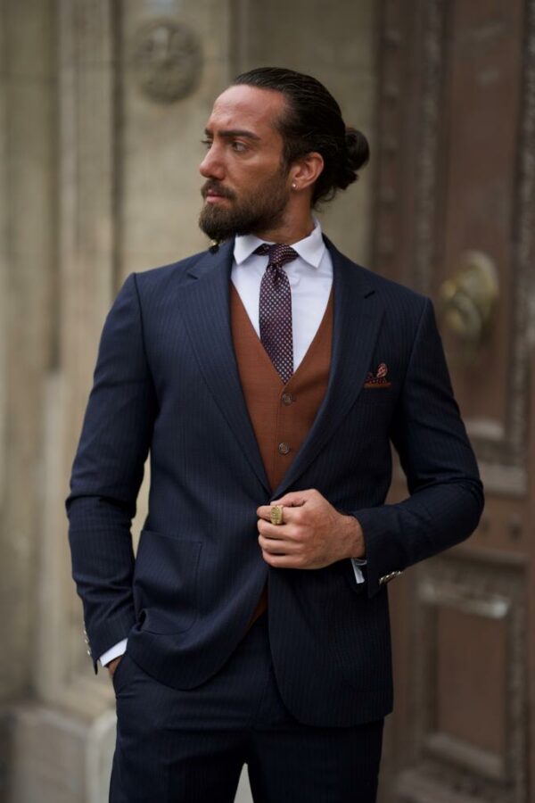 Aysoti Melrose Navy Blue Slim Fit Pinstripe Combination Suit