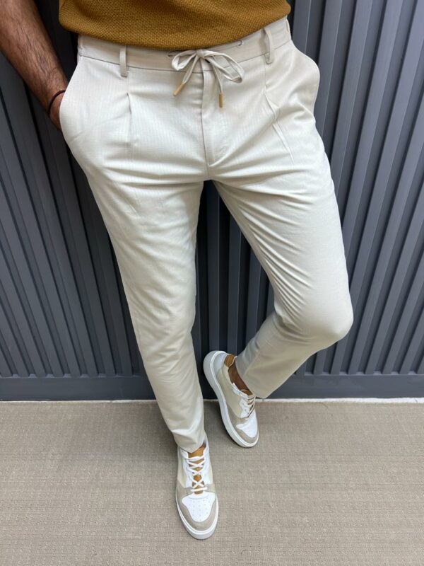 Beige Slim Fit Linen Pants For Men