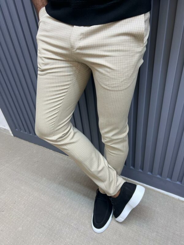 Aysoti Larkspur Beige Slim Fit Plaid Cotton Pants For Men