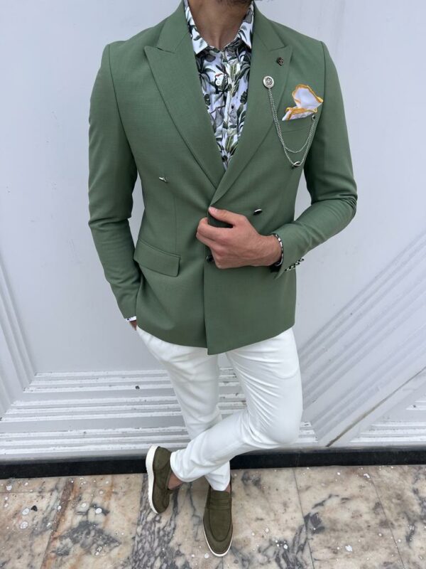 Aysoti Larkspur Green Double Breasted Linen Blazer Jacket For Men