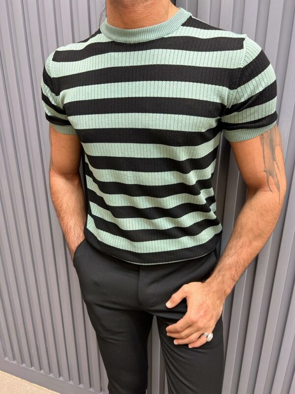 Aysoti Baha Mint Green Slim Fit Crewneck Striped T-Shirt