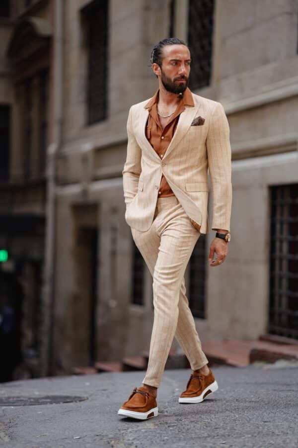 Aysoti Littar Beige Slim Fit Pinstripe Suit