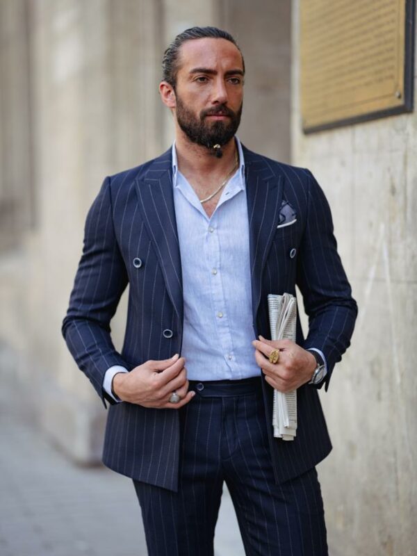 Aysoti Littar Dark Blue Double Breasted Pinstripe Suit