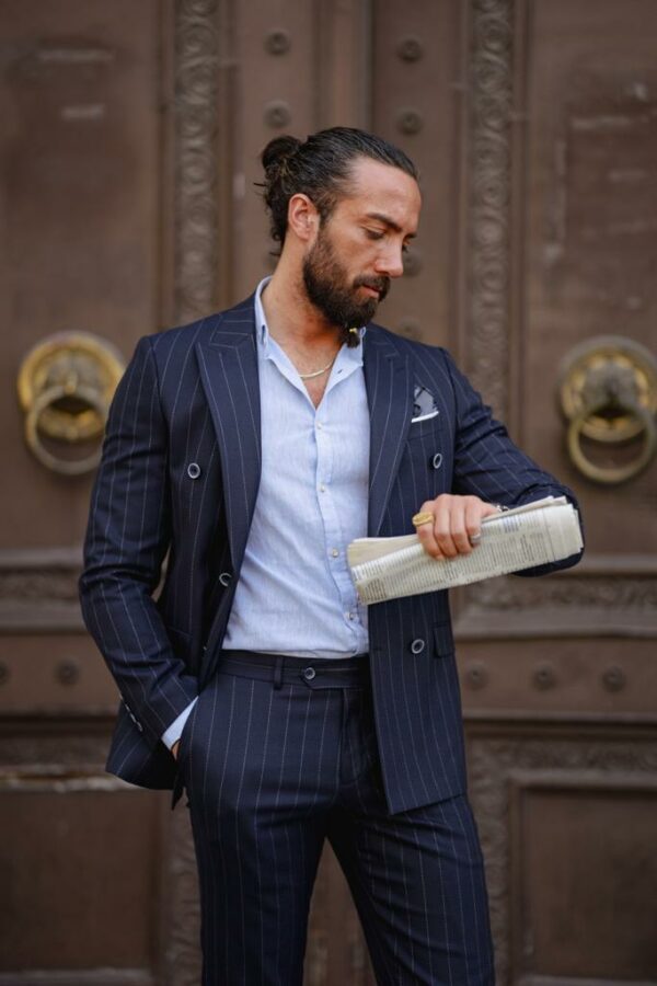 Aysoti Littar Dark Blue Double Breasted Pinstripe Suit