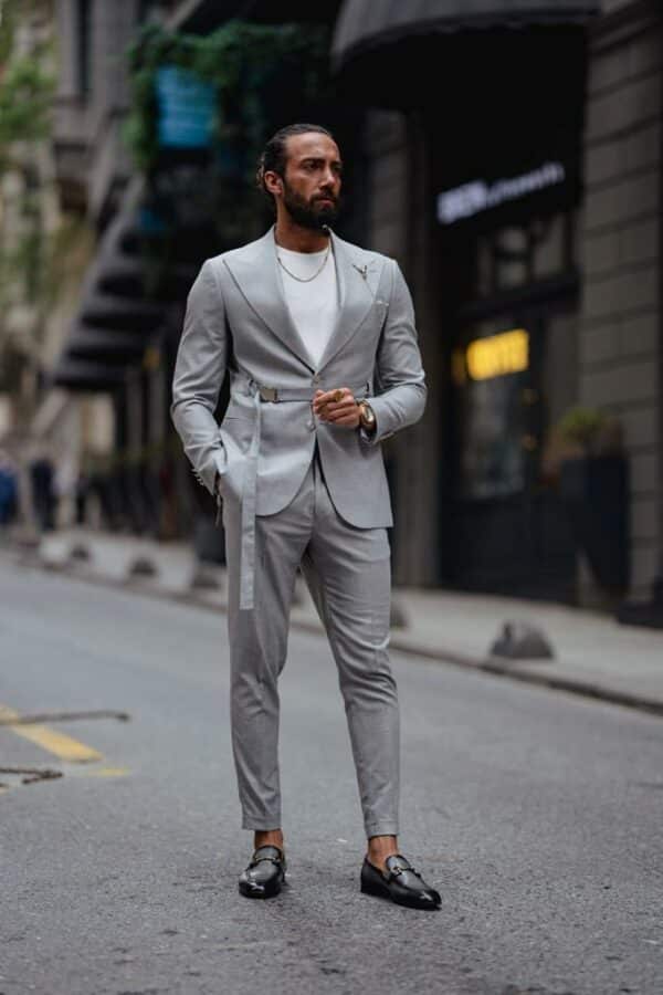 Aysoti Littar Gray Slim Fit Buckle Up Suit