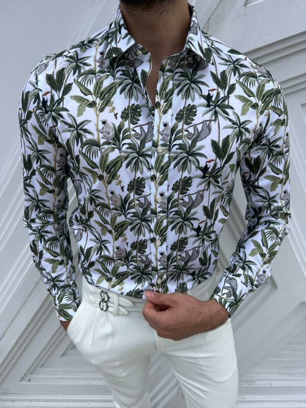 Aysoti Littar White Green Long Sleeve Tropical Cotton Shirt