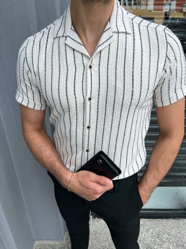 Aysoti Mila Off White Short Sleeve Striped Cotton Shirt