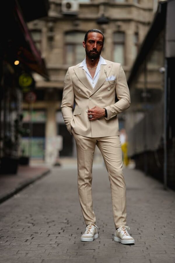 Aysoti Milla Beige Slim Fit Double Breasted Pinstripe Suit