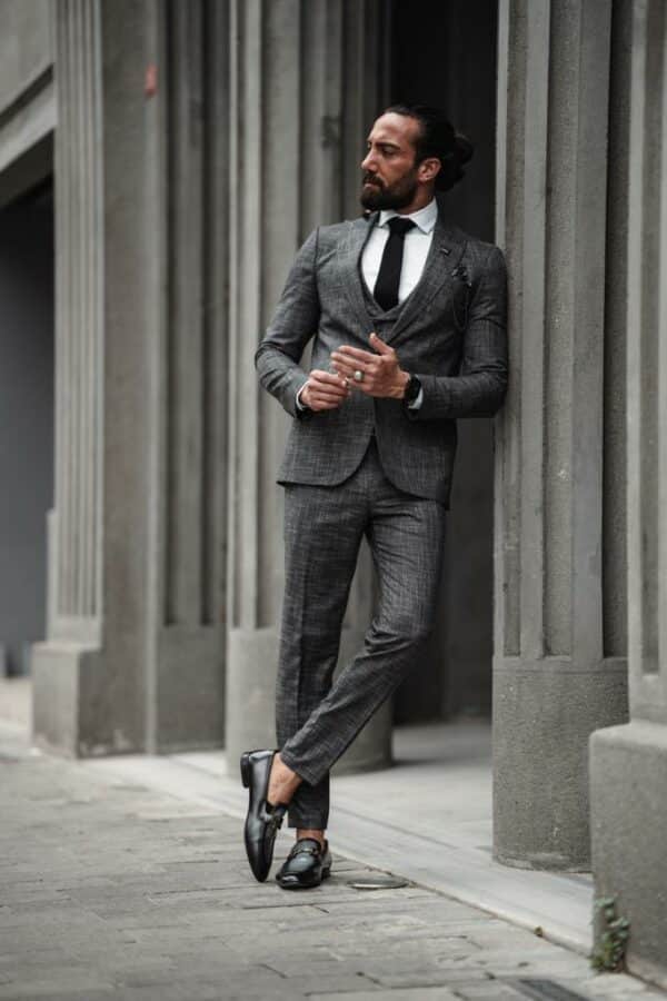 Aysoti Milla Dark Gray Slim Fit Crosshatch Suit