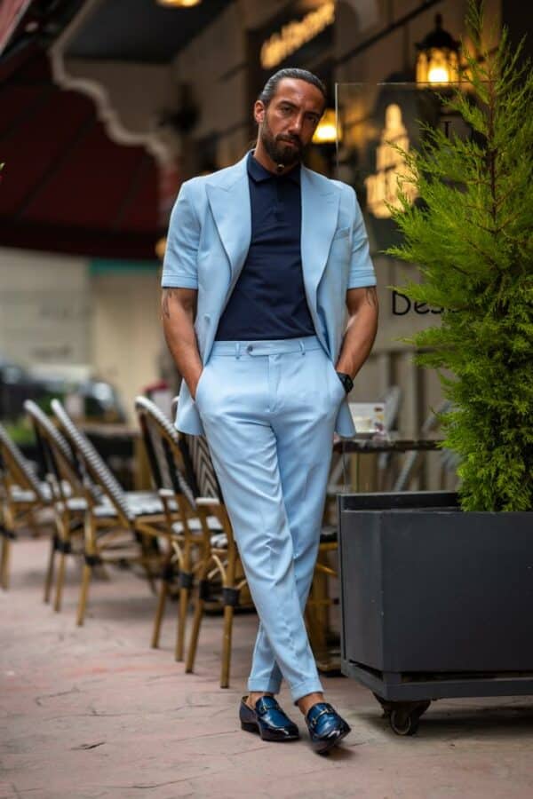 Aysoti Milla Sky Blue Double Breasted Short Sleeve Suit