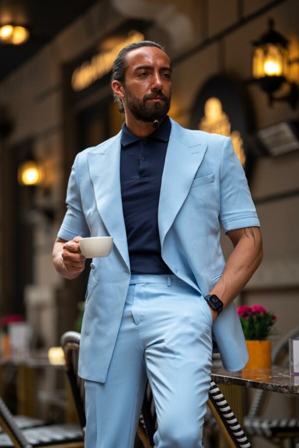 Aysoti Milla Sky Blue Double Breasted Short Sleeve Suit