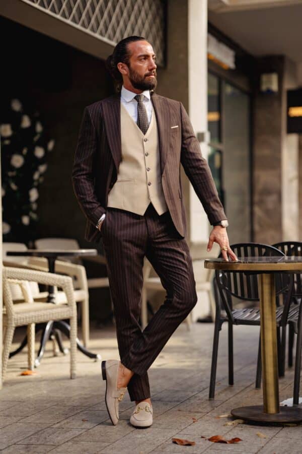 Aysoti Littar Brown Pinstripe Combination Suit