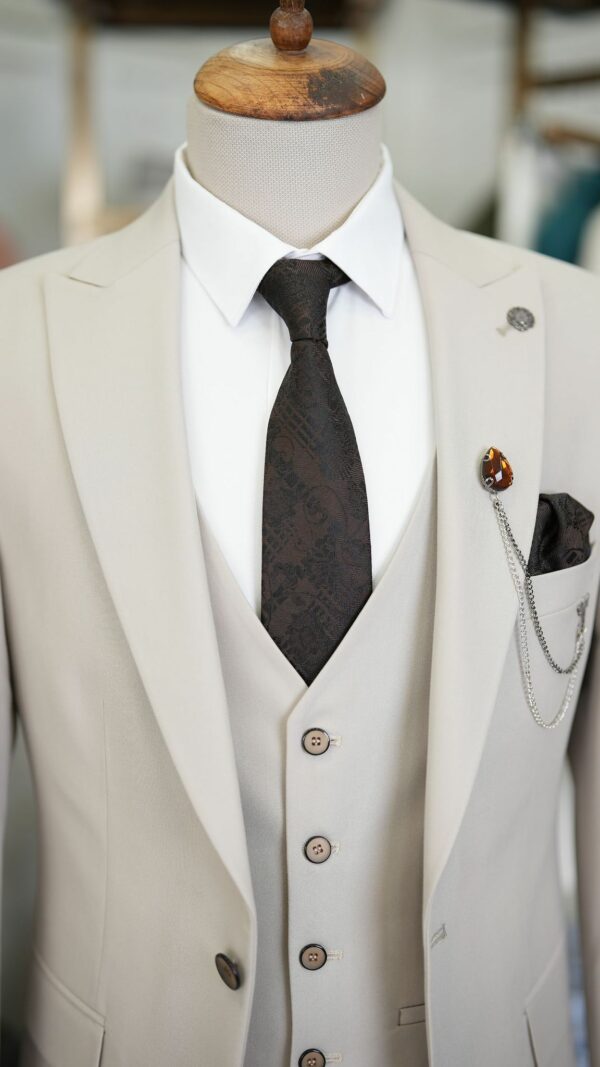 Beige Slim Fit 3 Piece Peak Lapel Suit