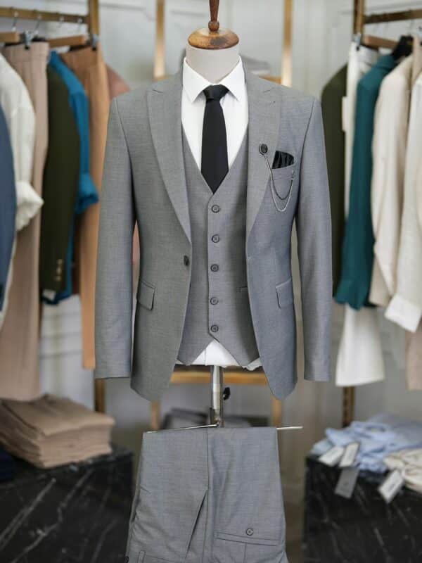 Aysoti Brooklyn Gray Slim Fit 3 Piece Peak Lapel Suit